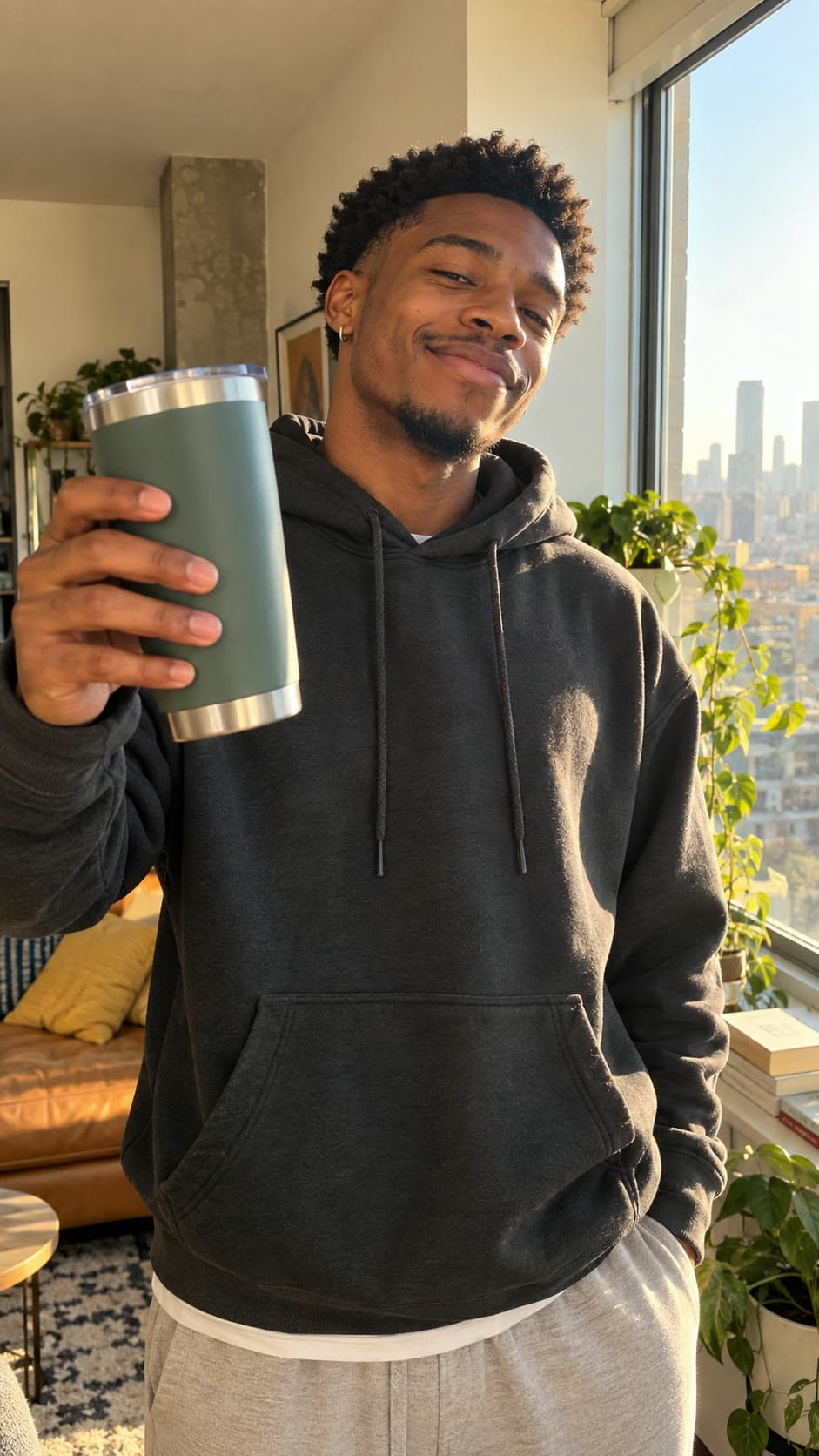 Creator presenting an insulated tumbler beside an apartment window